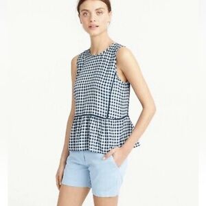 J. Crew Navy Gingham Peplum Silk Top Size 6